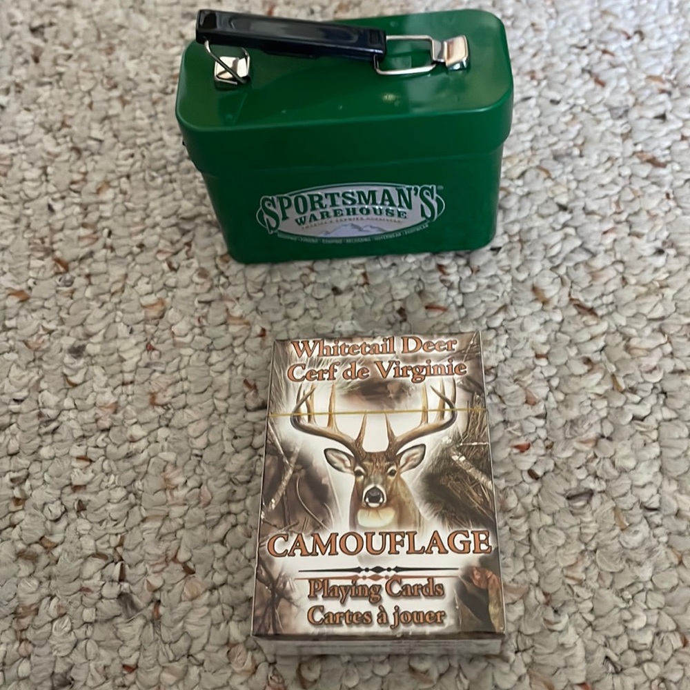 sportsman warehouse tin container shaped as a ammo can and playing deck cards